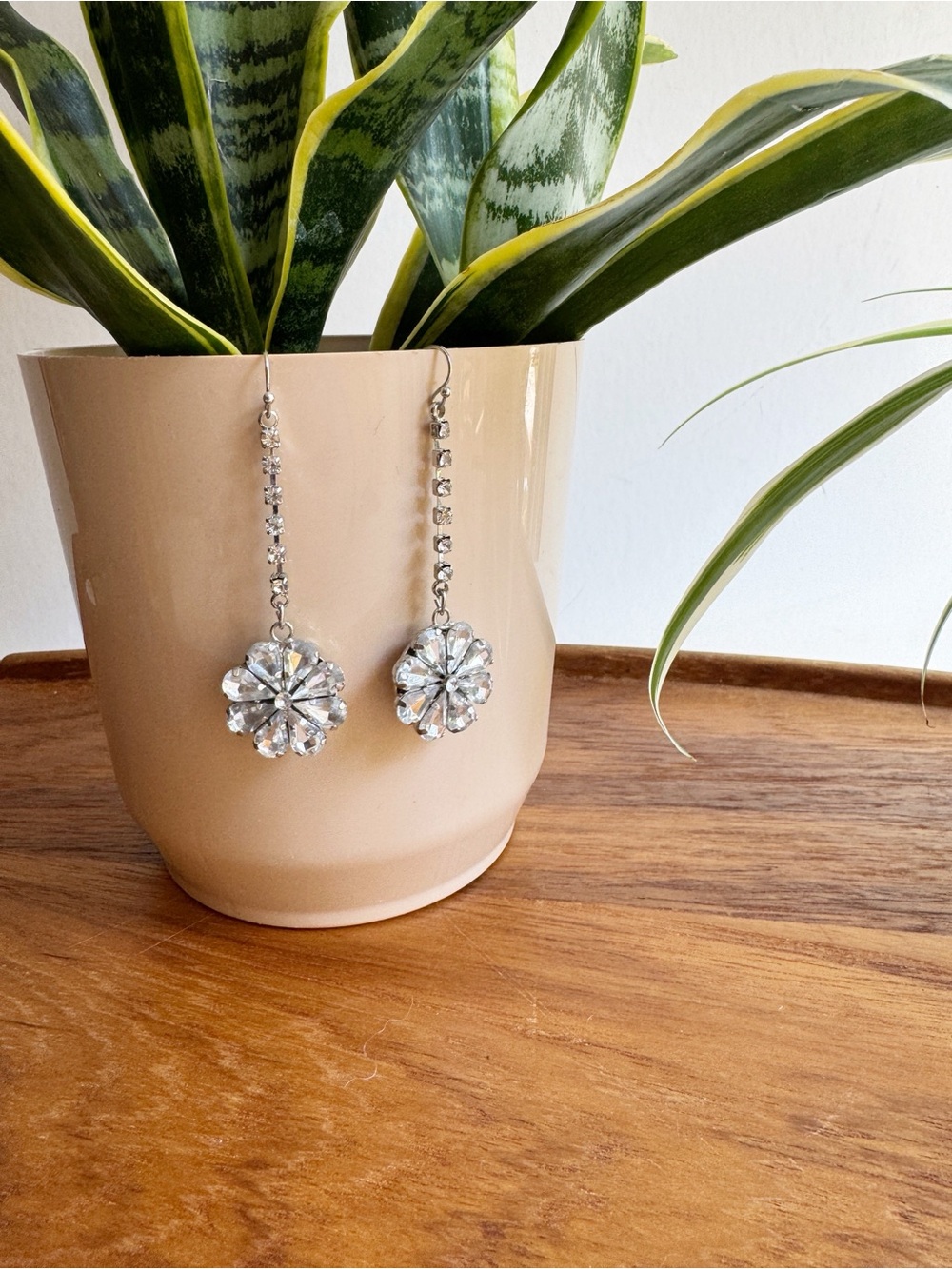 Silver-Tone Pear Rhinestone Flower Dangle Drop Earrings